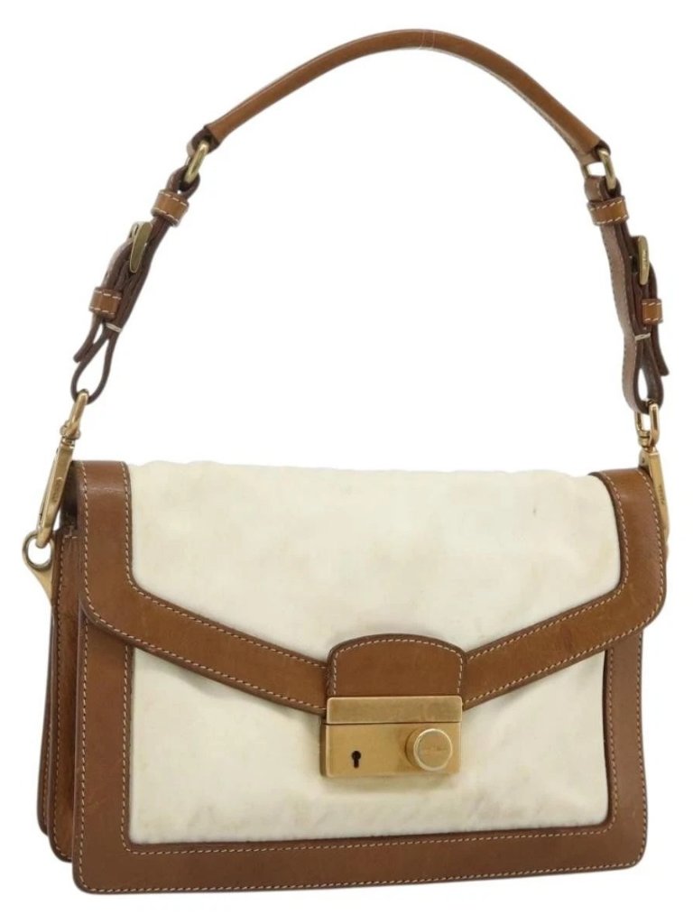 Prada Shoulder Bag Nylon Ivory Gold Auth Ba12301